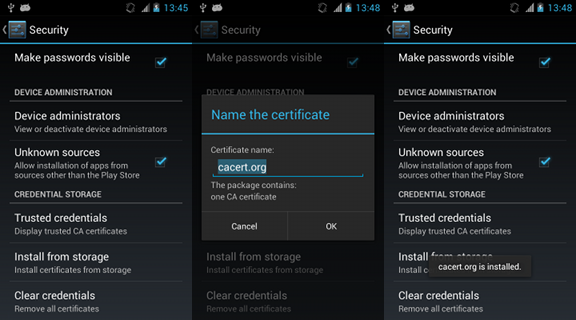 Installing the CAcert root certificate on Android