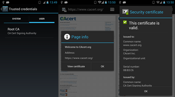 Using CAcert root certificate on Android