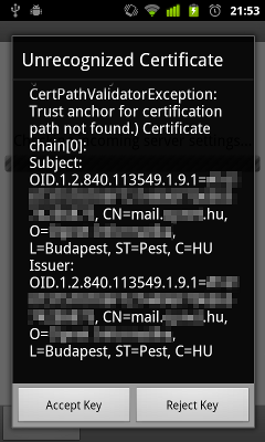 SSL/TLS certificate dialog in K-9 Mail